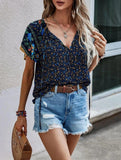Clan Style Printed V-Neck Loose Fit Short Sleeve Shirt ??Women?™s Casual Summer Top
