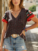 Clan Style Printed V-Neck Loose Fit Short Sleeve Shirt ??Women?™s Casual Summer Top