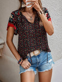 Clan Style Printed V-Neck Loose Fit Short Sleeve Shirt ??Women?™s Casual Summer Top