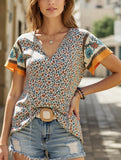 Clan Style Printed V-Neck Loose Fit Short Sleeve Shirt ??Women?™s Casual Summer Top