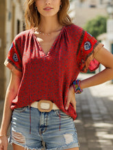 Clan Style Printed V-Neck Loose Fit Short Sleeve Shirt ??Women?™s Casual Summer Top
