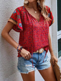 Clan Style Printed V-Neck Loose Fit Short Sleeve Shirt ??Women?™s Casual Summer Top