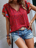 Clan Style Printed V-Neck Loose Fit Short Sleeve Shirt ??Women?™s Casual Summer Top