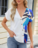 V-Neck Geometric Print Shoulder Loose Chiffon Top ??Lightweight & Breezy