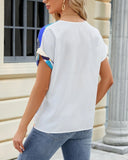 V-Neck Geometric Print Shoulder Loose Chiffon Top ??Lightweight & Breezy