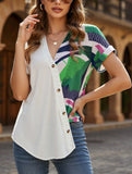V-Neck Geometric Print Shoulder Loose Chiffon Top ??Lightweight & Breezy
