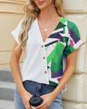 V-Neck Geometric Print Shoulder Loose Chiffon Top ??Lightweight & Breezy
