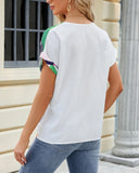 V-Neck Geometric Print Shoulder Loose Chiffon Top ??Lightweight & Breezy