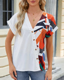 V-Neck Geometric Print Shoulder Loose Chiffon Top ??Lightweight & Breezy