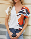 V-Neck Geometric Print Shoulder Loose Chiffon Top ??Lightweight & Breezy