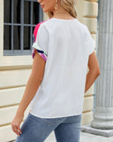 V-Neck Geometric Print Shoulder Loose Chiffon Top ??Lightweight & Breezy