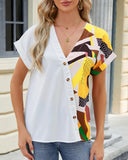 V-Neck Geometric Print Shoulder Loose Chiffon Top ??Lightweight & Breezy