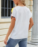 V-Neck Geometric Print Shoulder Loose Chiffon Top ??Lightweight & Breezy