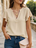 V-Neck Fly Sleeve Short Sleeve Solid Color Top – Sleek & Stretchy Fit