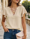V-Neck Fly Sleeve Short Sleeve Solid Color Top ??Sleek & Stretchy Fit