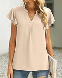 V-Neck Fly Sleeve Short Sleeve Solid Color Top ??Sleek & Stretchy Fit