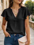 V-Neck Fly Sleeve Short Sleeve Solid Color Top ??Sleek & Stretchy Fit