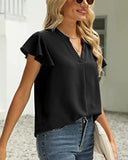 V-Neck Fly Sleeve Short Sleeve Solid Color Top – Sleek & Stretchy Fit