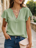 V-Neck Fly Sleeve Short Sleeve Solid Color Top ??Sleek & Stretchy Fit
