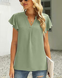 V-Neck Fly Sleeve Short Sleeve Solid Color Top ??Sleek & Stretchy Fit