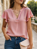 V-Neck Fly Sleeve Short Sleeve Solid Color Top ??Sleek & Stretchy Fit