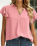 V-Neck Fly Sleeve Short Sleeve Solid Color Top – Sleek & Stretchy Fit