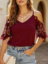 Lace V-Neck Off Shoulder Halter Top ??Summer Romantic Look
