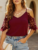 Lace V-Neck Off Shoulder Halter Top ??Summer Romantic Look