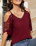 Lace V-Neck Off Shoulder Halter Top ??Summer Romantic Look