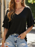 Solid Color V-Neck T-Shirt with Lotus Sleeves – Soft & Flowy, S–XXL