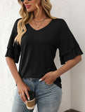 Solid Color V-Neck T-Shirt with Lotus Sleeves – Soft & Flowy, S–XXL
