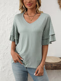 Solid Color V-Neck T-Shirt with Lotus Sleeves – Soft & Flowy, S–XXL