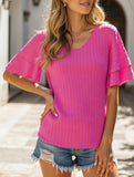 Solid Color V-Neck T-Shirt with Lotus Sleeves – Soft & Flowy, S–XXL