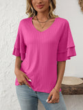 Solid Color V-Neck T-Shirt with Lotus Sleeves – Soft & Flowy, S–XXL