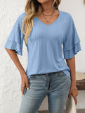 Solid Color V-Neck T-Shirt with Lotus Sleeves – Soft & Flowy, S–XXL