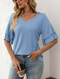 Solid Color V-Neck T-Shirt with Lotus Sleeves – Soft & Flowy, S–XXL