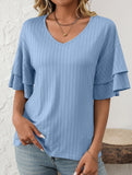 Solid Color V-Neck T-Shirt with Lotus Sleeves – Soft & Flowy, S–XXL