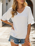 Solid Color V-Neck T-Shirt with Lotus Sleeves – Soft & Flowy, S–XXL