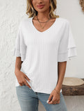 Solid Color V-Neck T-Shirt with Lotus Sleeves – Soft & Flowy, S–XXL