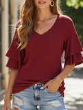 Solid Color V-Neck T-Shirt with Lotus Sleeves – Soft & Flowy, S–XXL