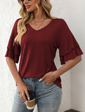Solid Color V-Neck T-Shirt with Lotus Sleeves – Soft & Flowy, S–XXL