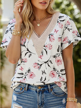 V-neck printed petal-sleeve loose pullover shirt