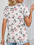 V-neck printed petal-sleeve loose pullover shirt