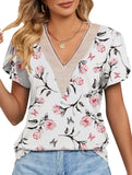 V-neck printed petal-sleeve loose pullover shirt
