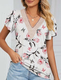 V-neck printed petal-sleeve loose pullover shirt