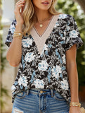 V-neck printed petal-sleeve loose pullover shirt
