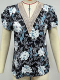 V-neck printed petal-sleeve loose pullover shirt