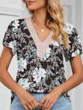 V-neck printed petal-sleeve loose pullover shirt
