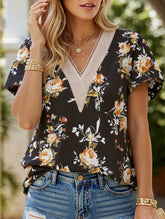 V-neck printed petal-sleeve loose pullover shirt