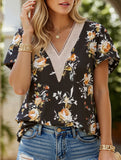 V-neck printed petal-sleeve loose pullover shirt